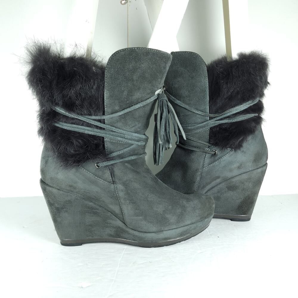 Luciano Barachini Women's EU38 US7-7,5 Gray Suede Faux Fur Lace Up Wedge Boots - Picture 7 of 16